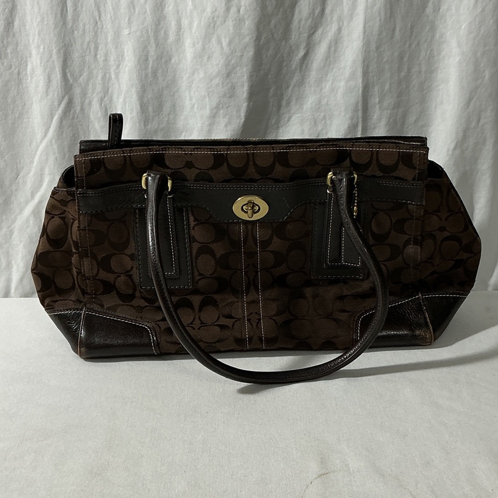 Coach Brown Signature Jacquard Tote with Leather Trim